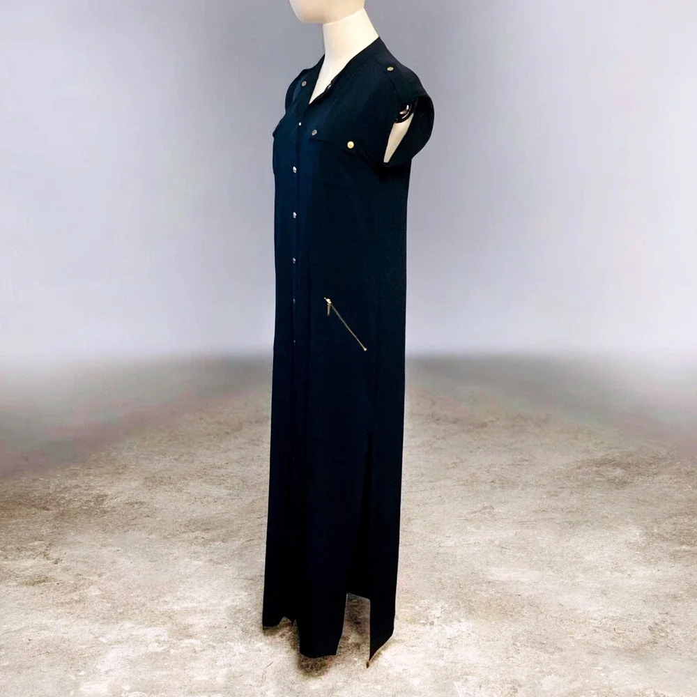Michael Kors Navy Blue Maxi Shirt Dress Gold Hardware Slit Short Sleeve M